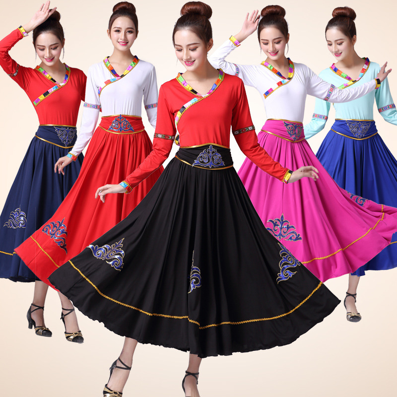 Square dance spring and summer new Tibetan Mongolian dance half-body long dress Grand hem skirts ethnic dance performance costumes