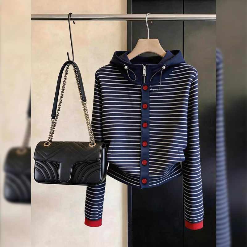Retro Design High-End Striped Hooded Cardigan for Women, New Color-Blocking Loose Fit, Slimming and Age-Reducing Autumn Jacket Top Retro Design High-End Striped Hooded Cardigan for Women, New Color-Blocking Loose Fit, Slimming and Age-Reducing Autumn Jacket Top