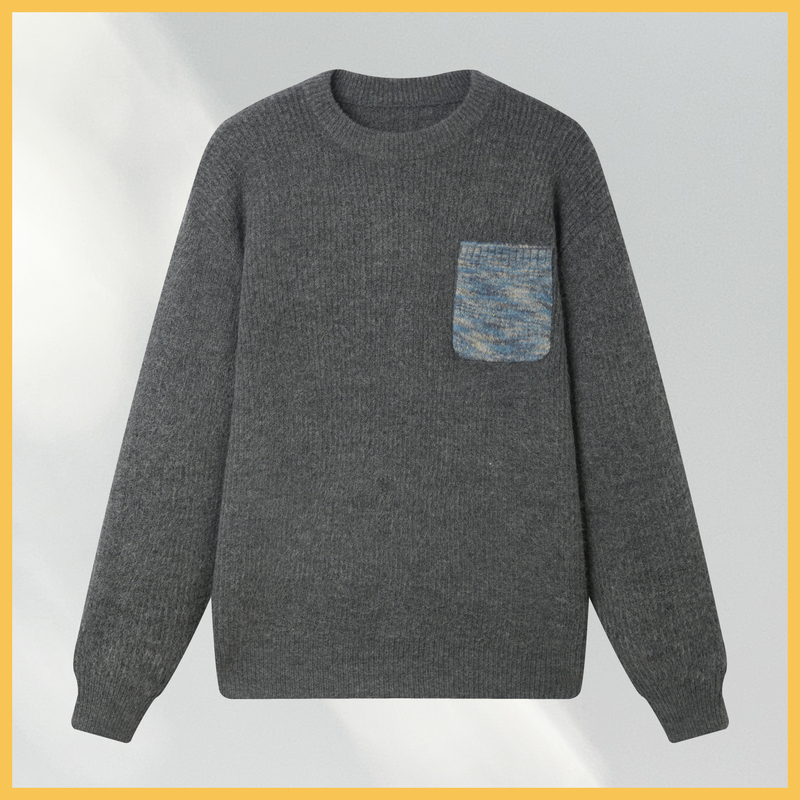 2026 New Pocket Sweater Round Neck Pullover Long Sleeve Loose Casual Trendy Knit Color-Block Sweater