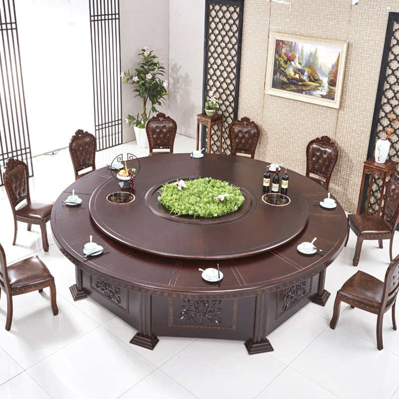 Hotel electric large round table Dining table automatic solid wood turntable 15 20 people Hotel 3 meters induction cooker hot pot table Commercial