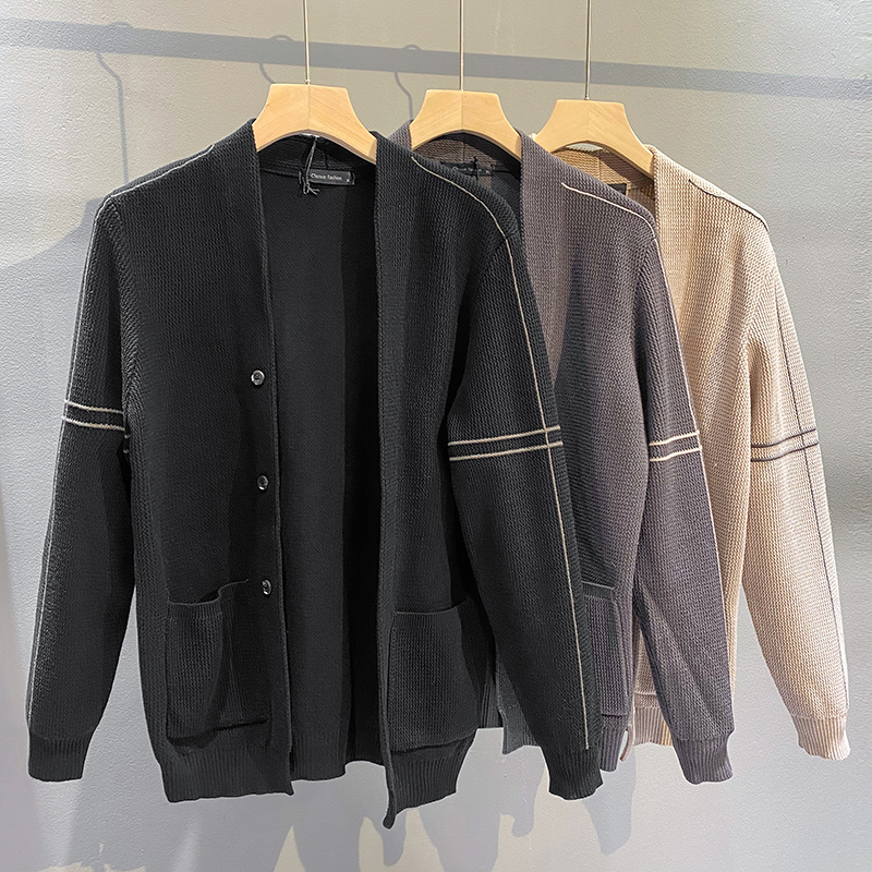 2022 autumn and winter new men's sweater cardigan slim striped stitching jacket casual knitted outer top men's trend