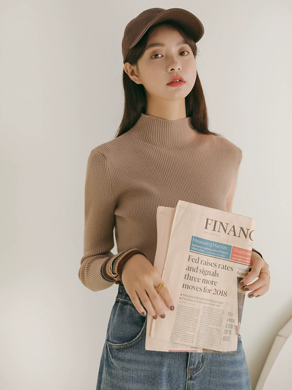Bên trong áo len nữ 2018 mới thu đông nửa cổ cao Slim áo thun dày áo len đen áo sơ mi áo cardigan nữ