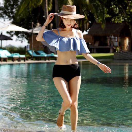 Áo len lông xù màu xanh nước biển cao eo bikini kích thước váy ngực bảo thủ sinh viên spa áo tắm chia - Bikinis ao boi nu