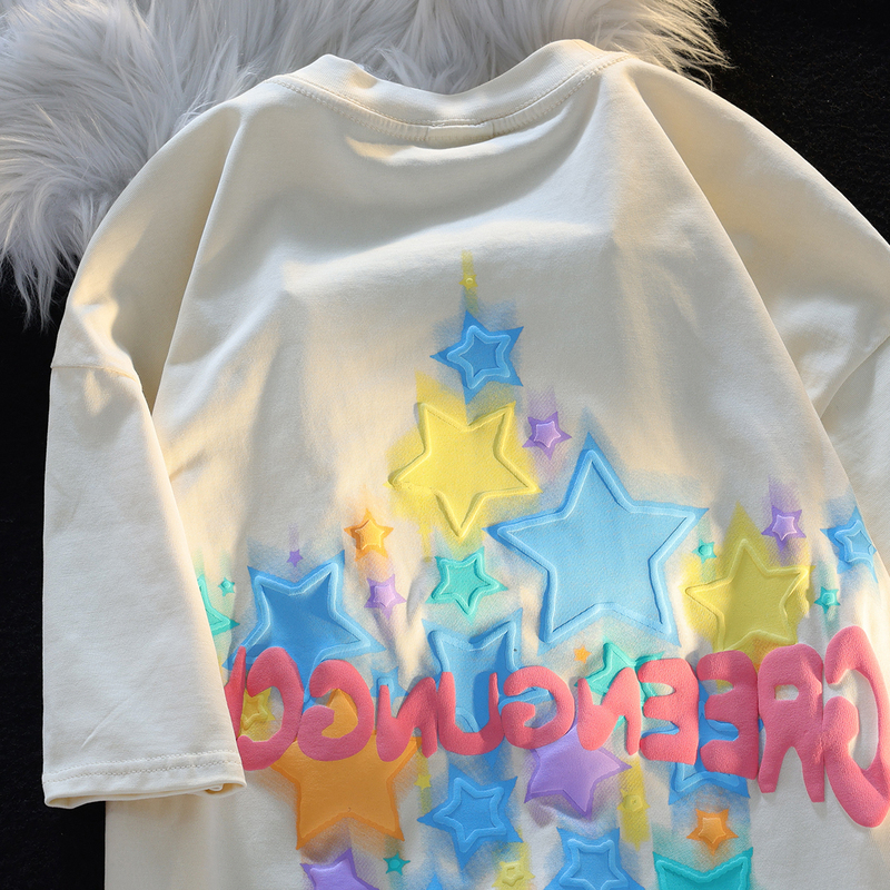 American Retro Colorful Star Pure Cotton Short-Sleeved T-Shirt for Women, Loose Oversize Design, Niche Hip-Hop Trendy Brand