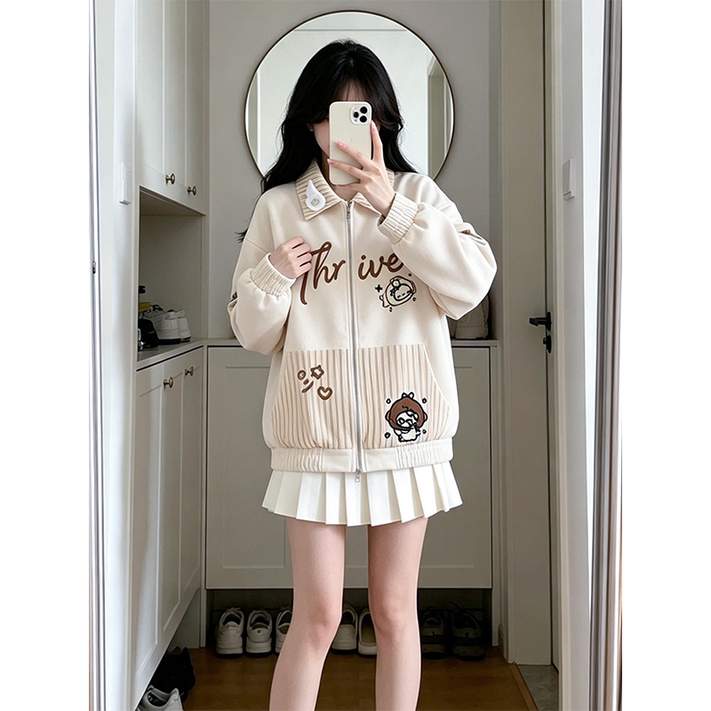 Embroidered Cute Cartoon Striped Lapel Jacket for Women, Autumn Loose Casual College Style Faux Suede Cardigan Jacket Embroidered Cute Cartoon Striped Lapel Jacket for Women, Autumn Loose Casual College Style Faux Suede Cardigan Jacket