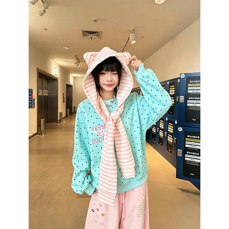 Dopamine Polka Dot Detachable Shawl Sweatshirt for Women, Autumn Loose Casual Lazy Style, Cute Thin Jacket for College