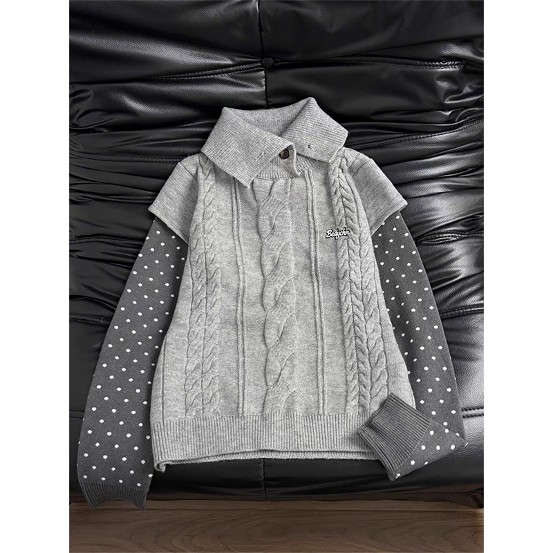 Twist Pattern Polka Dot Faux Two-Piece Sweater for Women, Autumn and Winter Slim Fit Warm Korean Style College Retro High-Neck Knit Cardigan Twist Pattern Polka Dot Faux Two-Piece Sweater for Women, Autumn and Winter Slim Fit Warm Korean Style College Retro High-Neck Knit Cardigan
