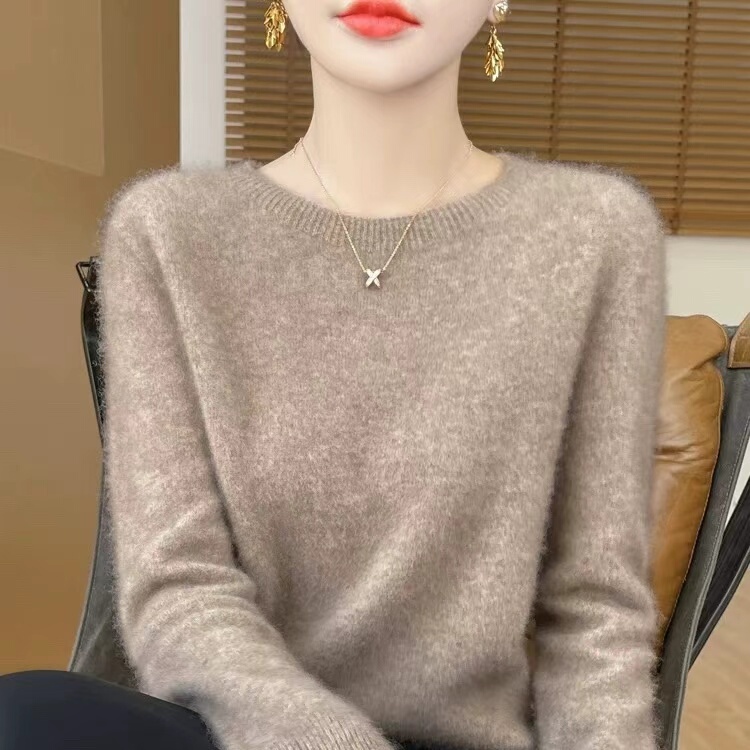 Official Website Genuine Solid Color Wool Sweater for Women, Round Neck Inner Layer Top, Loose-Fitting Long-Sleeve Knit Sweater for Autumn and Winter