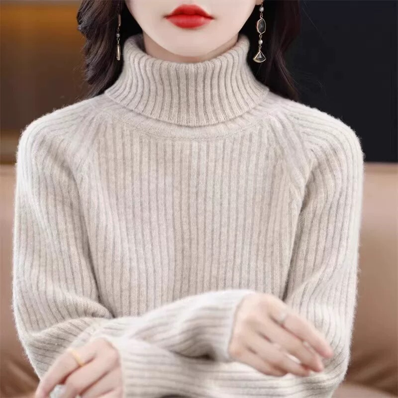 High-Neck Solid Color Wool Sweater for Women, Double-Layered, Thick, Soft and Cozy, Suitable for Autumn and Winter, Loose-Fitting, Warm Knit Base Layer