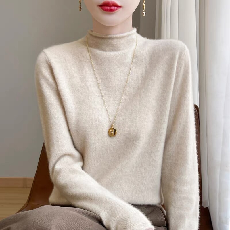 2025 New High-End Wool Sweater for Women, Rolled Edge Half-High Collar Knit Base Shirt, Autumn and Winter Solid Color Thick Sweater for Layering