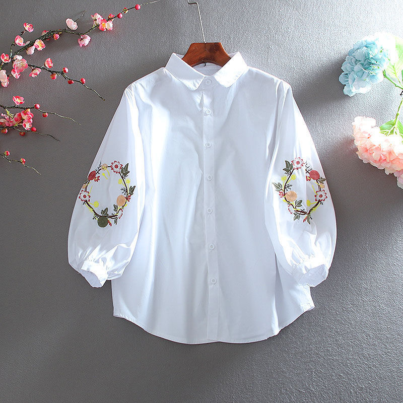 Women's Shirt 2025 Spring and Autumn New Style Mid-Sleeve Embroidered Cotton Shirt White Loose Slimming Puff Sleeve Versatile Top