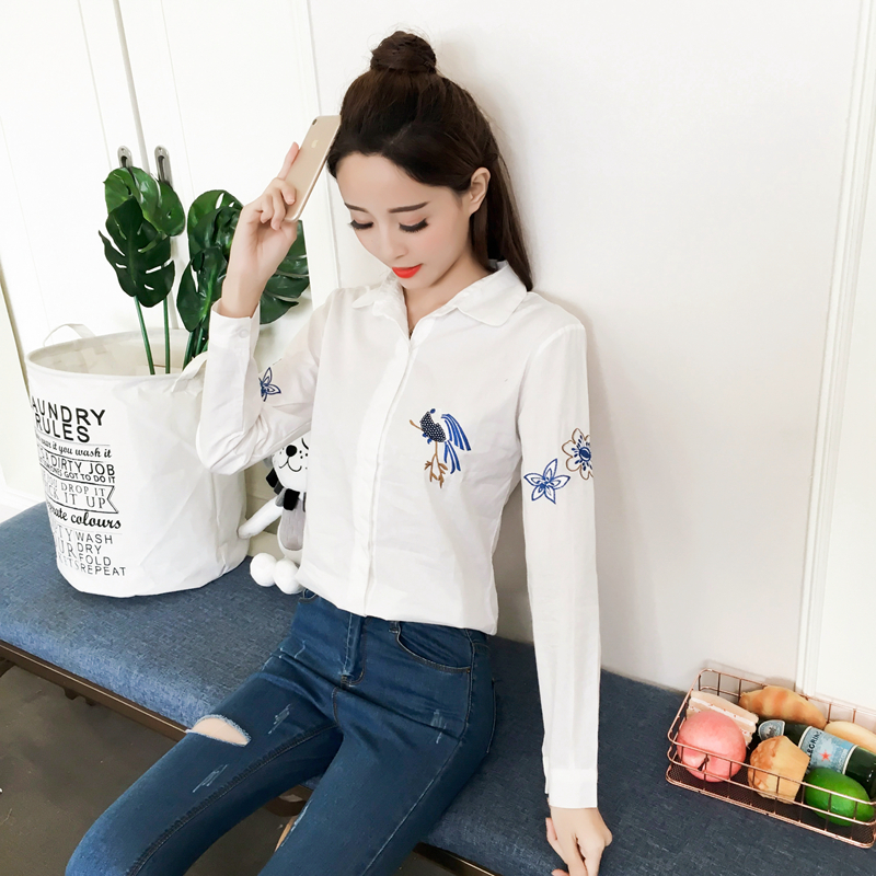 Áo sơ mi nữ tay dài 2018 xuân hè mới Han Fan nhỏ thêu hoa tươi và áo thun cotton mỏng tay ngắn các kiểu áo sơ mi họa tiết nữ đẹp