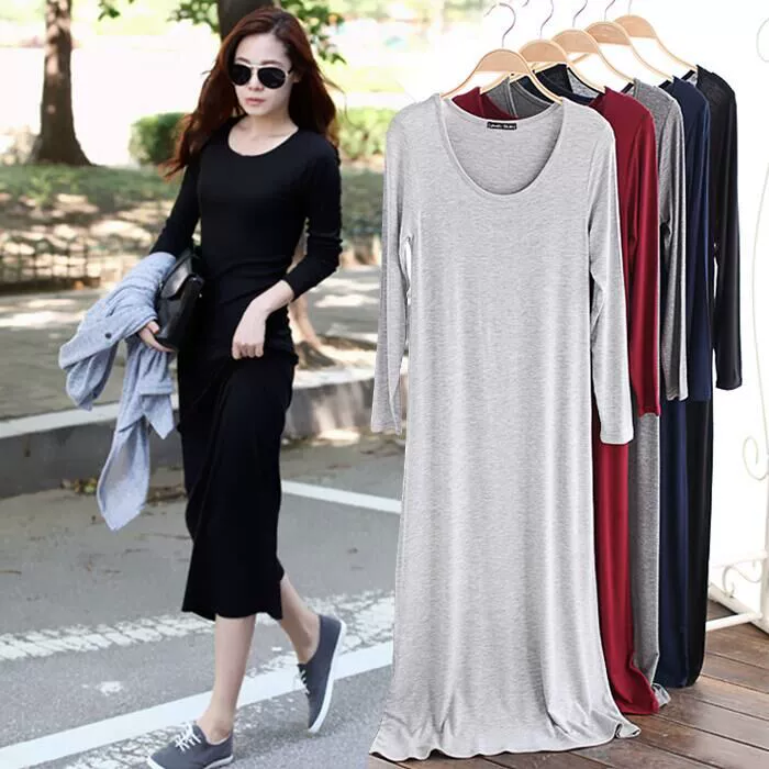 Mùa xuân và mùa hè 2019 phương thức dài tay váy nữ mỏng mảnh mai dưới váy túi đeo hông váy dài váy cổ tròn váy chữ A - A-Line Váy
