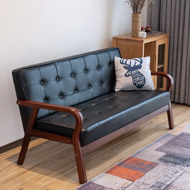 Nordic Solid Wood Leather Art Sofa Trio Small Family Style Living Room Rental Room Simple Day Style Retro Single Double Sofa