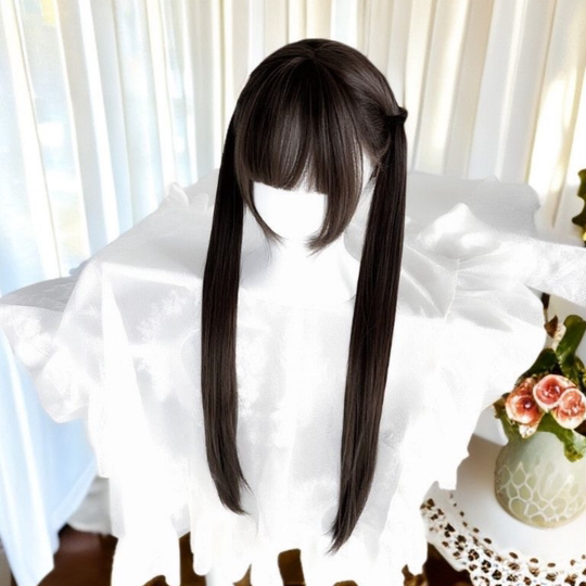 Lolita Style Long Hair Wig for Women, Sweet and Natural Double Ponytails, Everyday Black Long Straight Hair, Jk Age-Reducing Full Head Wig