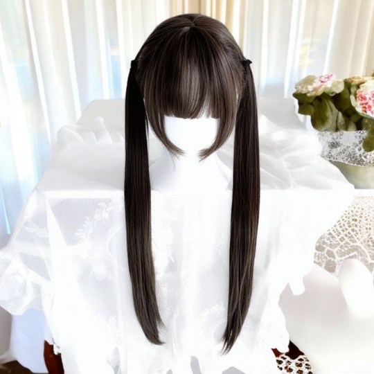 Lolita Style Long Hair Wig for Women, Sweet and Natural Double Ponytails, Everyday Black Long Straight Hair, Jk Age-Reducing Full Head Wig