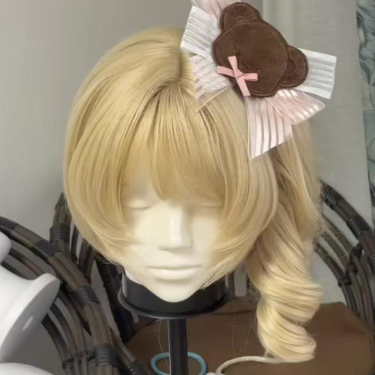 Short Blonde Wig for Women, Roman Curls, Claw Clip, Double Ponytail, Lolita Style, Sweet and Natural, Full Head Wig