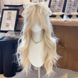 Off-White Wig for Women, Long Hair, Lolita Style, Sweet and Natural, Large Wavy Long Curly Hair, Everyday Air Bangs, Full Head Wig