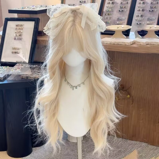 Off-White Wig for Women, Long Hair, Lolita Style, Sweet and Natural, Large Wavy Long Curly Hair, Everyday Air Bangs, Full Head Wig