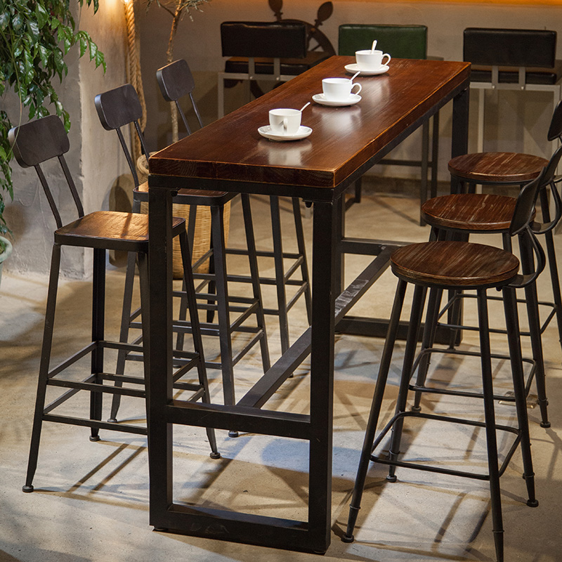 American iron art solid wood home bar table-table milk tea shop leaning against wall strip Bar retro high foot table and chairs combination