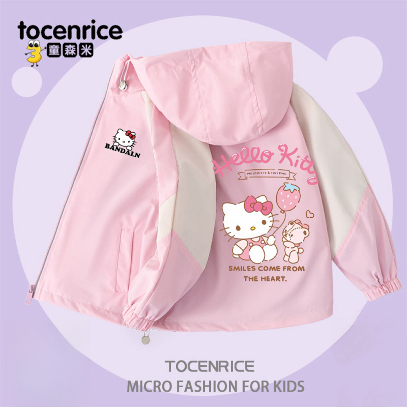 Kt Cat Girls' Spring and Autumn Jacket 2026 New Stylish Fleece-Lined Hooded Coat for Older Girls Trendy