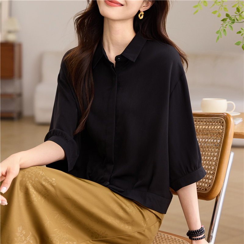 Black Chiffon Batwing T-Shirt for Women, Summer Wear, Small Lapel Shirt, Mid-Sleeve, Tie-Up, Loose Fit, Tummy-Covering Shirt Top