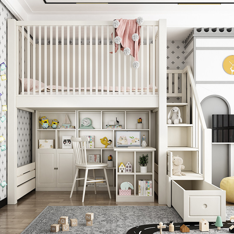 High guardrail children's bed desk all-in-one wardrobe multi-functional combination high and low child mother bed under the bed under the table