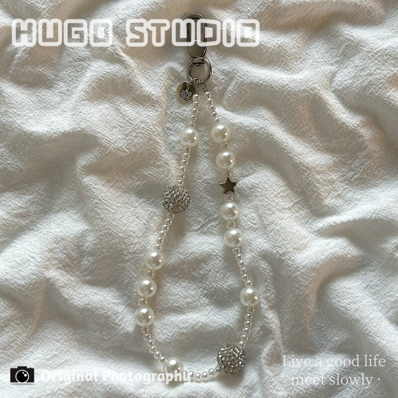 HUGO Little Red Book Same Style Pearl Star Beaded Phone Chain Bag Charm Keychain Phone Case Strap