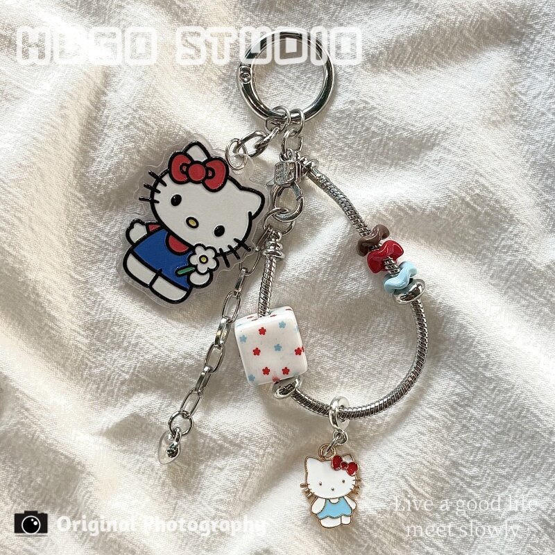 HUGO Little Red Book Cute Blue and White KT Cat Beaded Phone Chain, Bag Charm, Keychain, Phone Strap