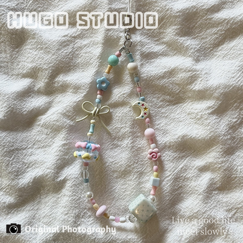 HUGO Instagram-style girly dopamine colorful beaded phone chain camera bag charm phone case lanyard