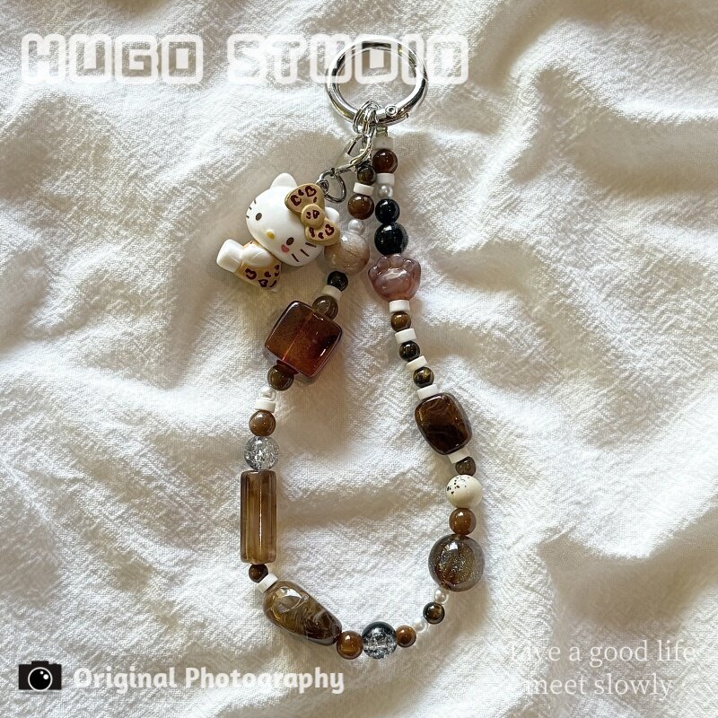 HUGO retro high-end leopard print Hello Kitty beaded phone charm, bag charm, keychain, phone case lanyard