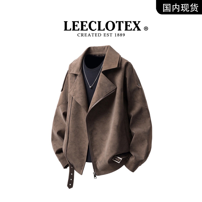 Leeclotex Official Authentic Spring and Autumn Jacket for Men, Casual Trendy Brand with Double-Layer Collar and Diagonal Zipper Design