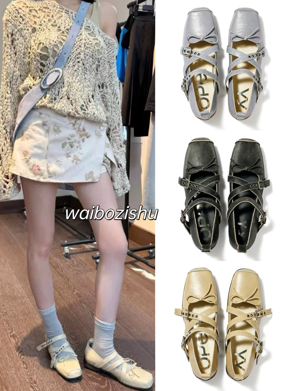 Openyy 25Ss Cross-Strap 4cm Retro Square-Toe Ballet Shoes with Outer Cowhide and Inner Pigskin Sports Soles