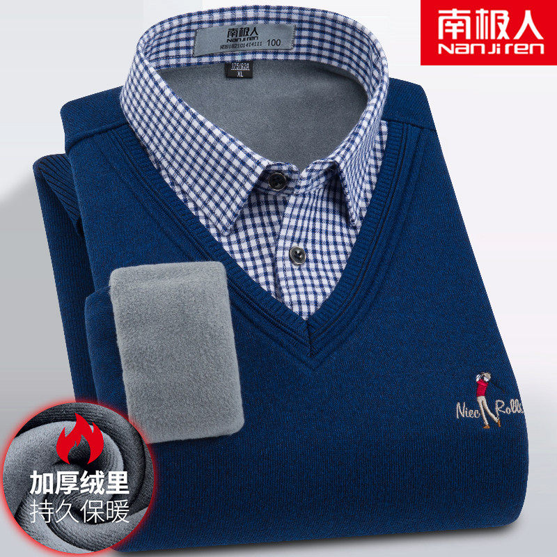 Antarctic people thermal leave two-piece men's shirt V-neck pullover knitwear middle aged men's fleece thick sweater sweater
