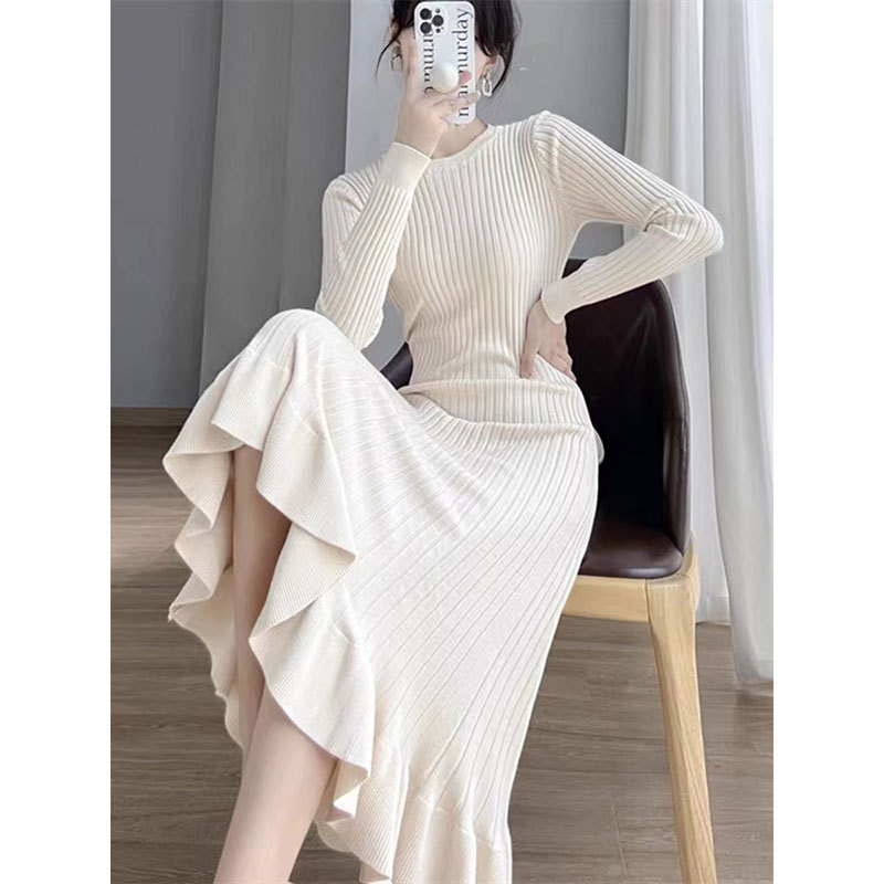Spring and Autumn Fishtail Knit Dress for Women, High-End Long-Sleeved, Slim-Fitting, Over-The-Knee Mid-Length Dress Paired with a Coat or Sweater Dress Spring and Autumn Fishtail Knit Dress for Women, High-End Long-Sleeved, Slim-Fitting, Over-The-Knee Mid-Length Dress Paired with a Coat or Sweater Dress