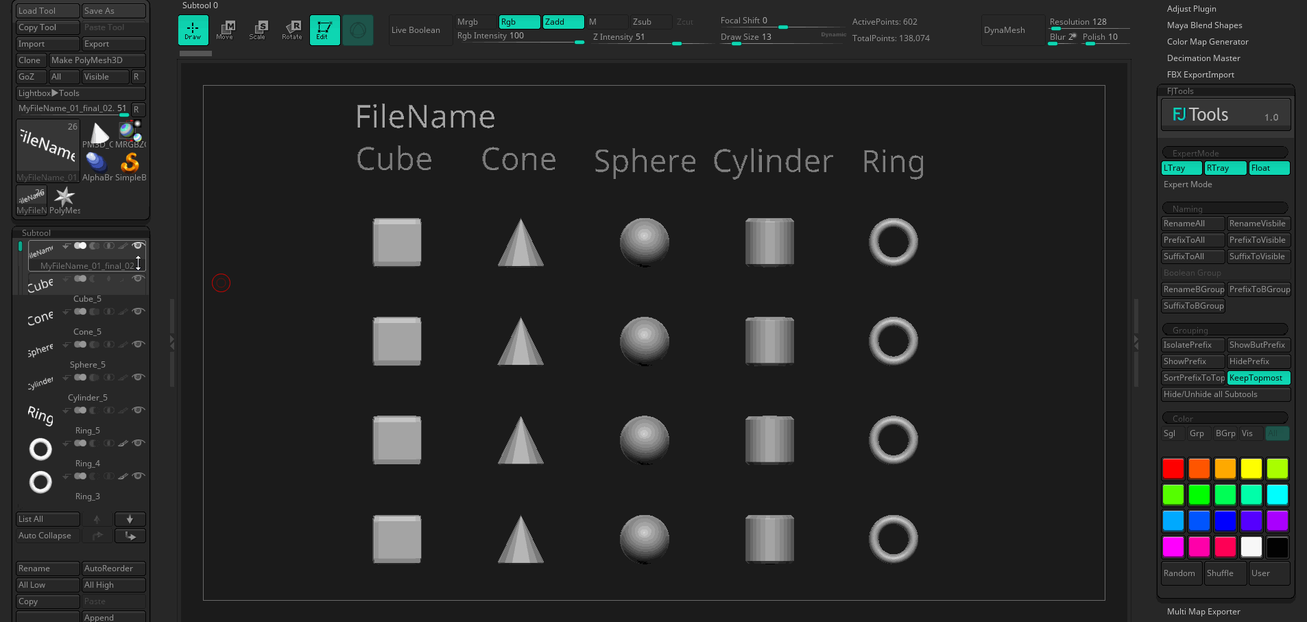 Zbrush插件-随机颜色重命名专家模式群组脚本FJTools For ZBrush 4R8 免费下载