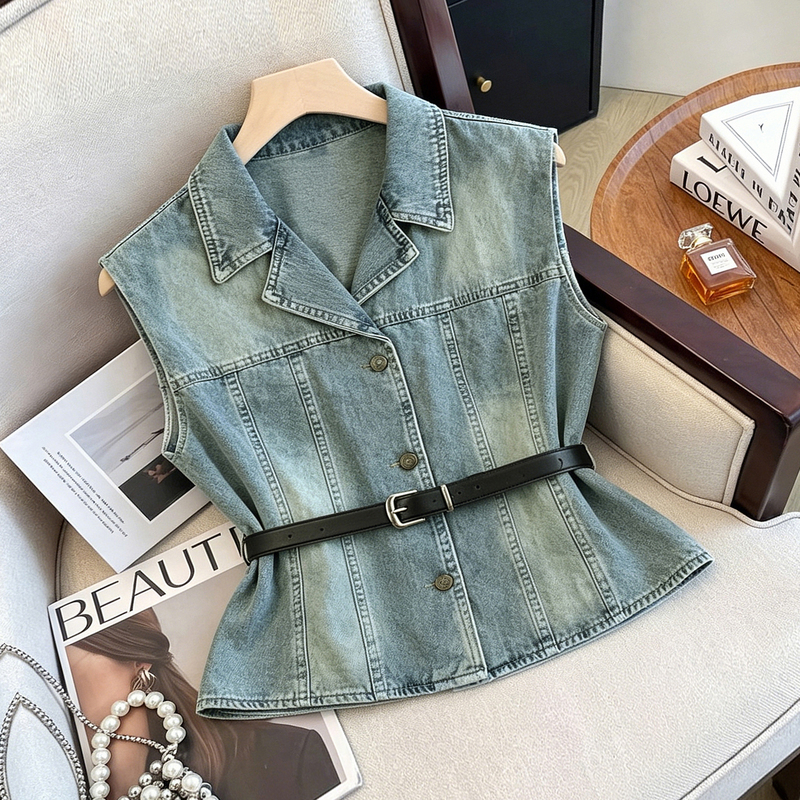 Summer Fashion Retro Denim Vest for Women, Thin Style, Trendy This Year, Waist-Cinching Tie Shirt, Sleeveless Shirt Top, Trendy Summer Fashion Retro Denim Vest for Women, Thin Style, Trendy This Year, Waist-Cinching Tie Shirt, Sleeveless Shirt Top, Trendy