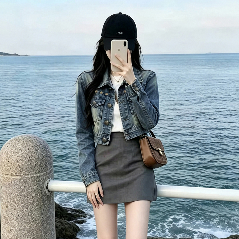 2026 Early Autumn Short Washed Denim Jacket for Women, American Retro Fashion Versatile Slim-Fit Niche Jacket Top