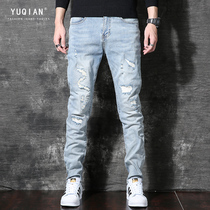 Jeans mens spring and summer Korean version of the self-cultivation Tide brand hole light straight loose trend Joker long pants men