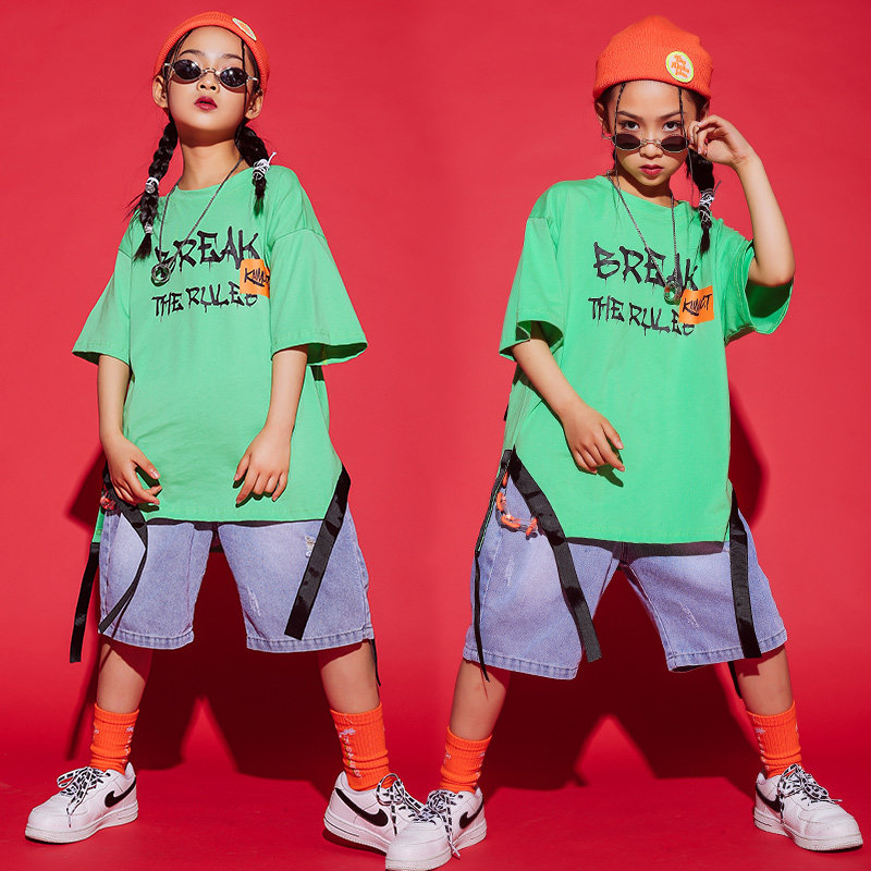 Hip-hop children's hip-hop tide suit suit boys and girls loose short-sleeved T-shirt toddler hiphop jazz dance costumes