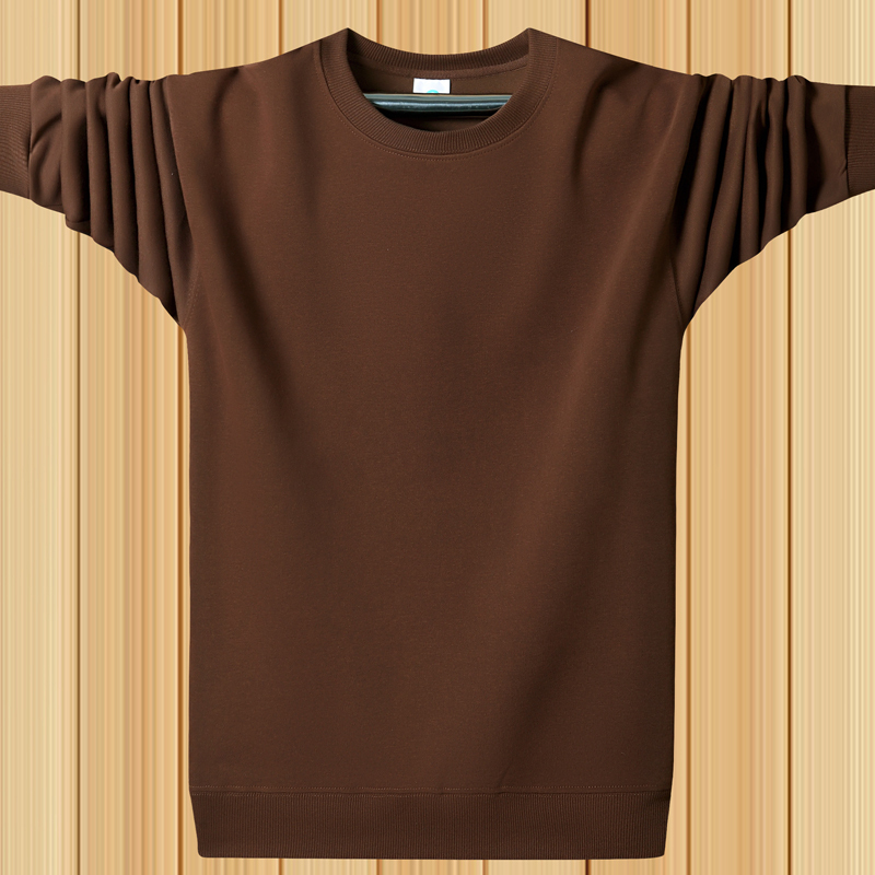 Round Neck Sweatshirt for Men, Pure Cotton, Spring, Autumn and Winter, Pure Color, Fleece-Lined, Sports and Leisure, Long-Sleeved T-Shirt, Loose Top, Coffee Color