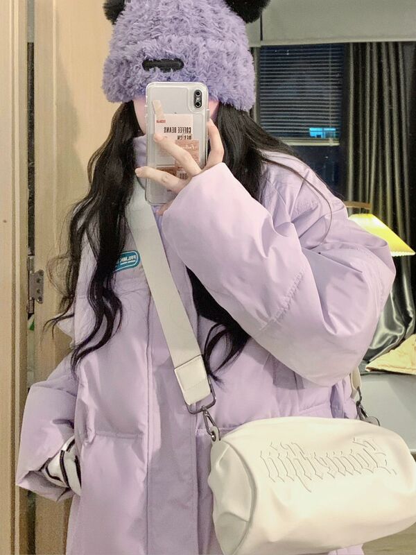 Purple down Cotton Jacket for Women, Winter 2026 New Style, Loose Fit, High-End Feel, Puffer Jacket, Thickened and Warm Cotton Coat