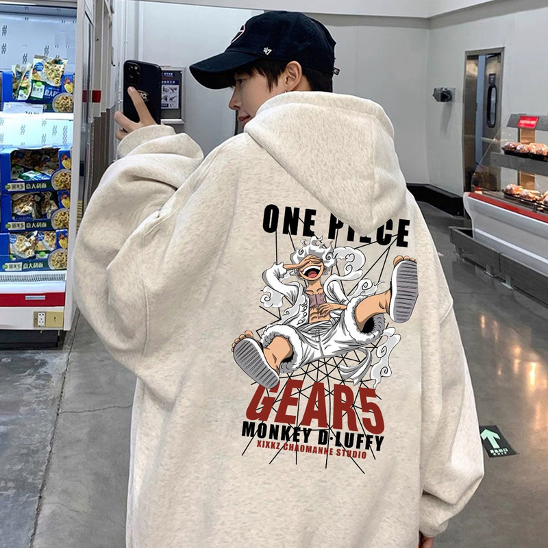 Japanese-Style Heavyweight One Piece Luffy Print Hooded Sweatshirt for Men, Trendy Brand, Autumn and Winter, Versatile, Loose-Fitting, Fleece-Lined Jacket for Students