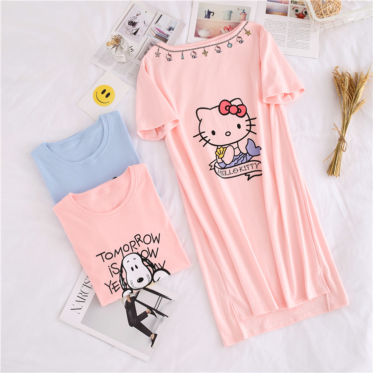 HelloKitty nightdress nữ mùa hè Hàn Quốc phiên bản của sinh viên mới cotton ngắn tay có thể mặc lỏng dài-đồ ngủ dài