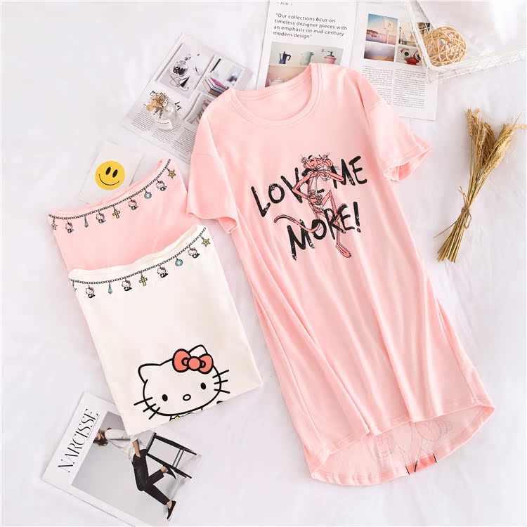 HelloKitty nightdress nữ mùa hè Hàn Quốc phiên bản của sinh viên mới cotton ngắn tay có thể mặc lỏng dài-đồ ngủ dài