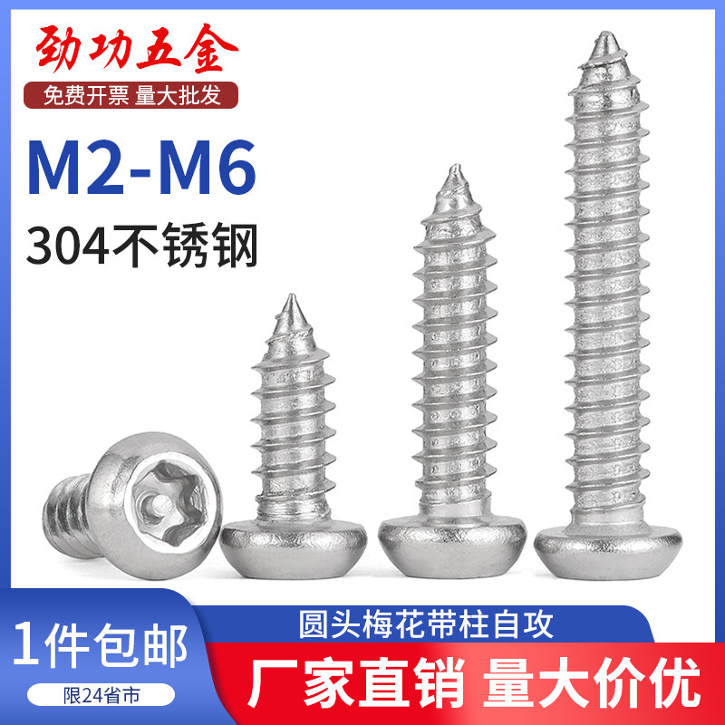 SZ 304不锈钢圆头内梅花带柱针芯自攻螺丝盘头防盗钉M2.6M3M4M5M6