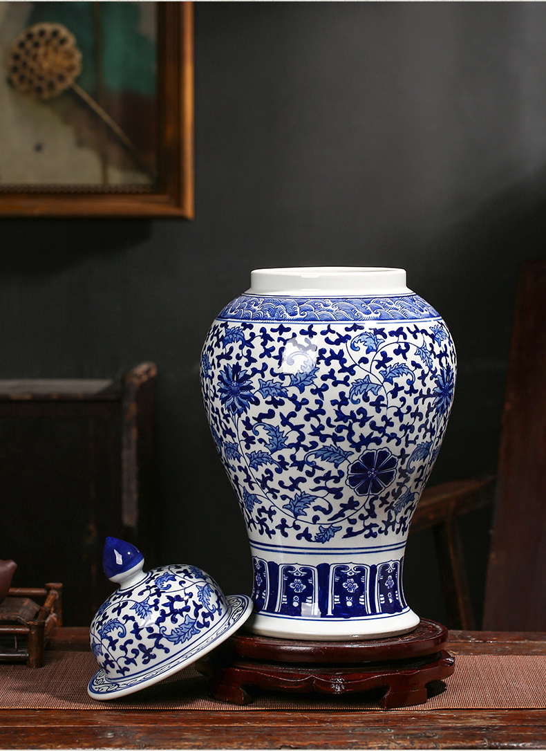 Jingdezhen ceramic general antique blue and white porcelain jar ceramic furnishing articles large storage tank Chinese style household ornaments