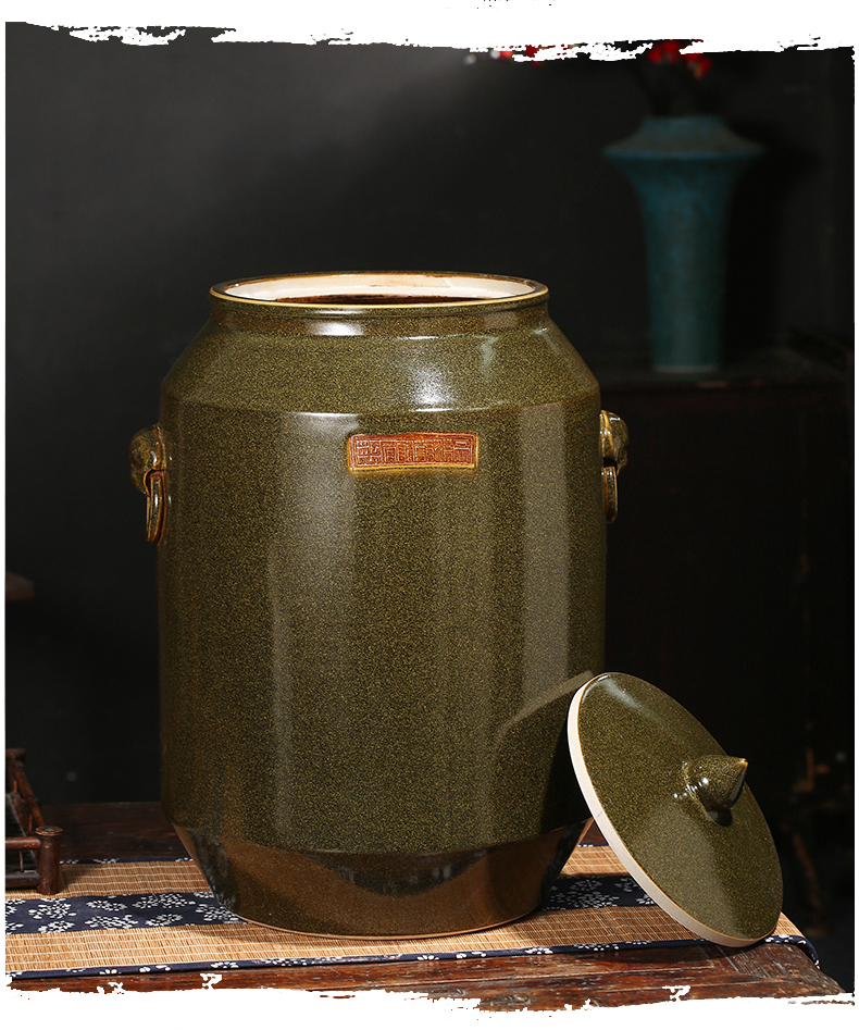 Ceramic barrel moistureproof cover gasket 50 jins home tea water jar with cover at the end of the storage tank household moistureproof insect - resistant