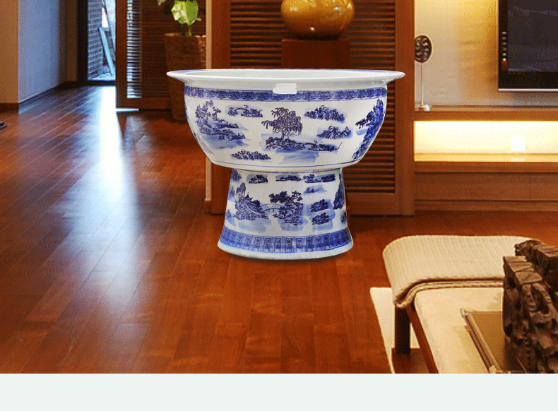 Blue and white porcelain jar ceramic porcelain jar ceramic big aquarium oversized landing a goldfish bowl lotus tortoise cylinder decoration