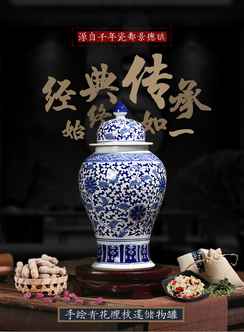 Jingdezhen ceramic general antique blue and white porcelain jar ceramic furnishing articles large storage tank Chinese style household ornaments